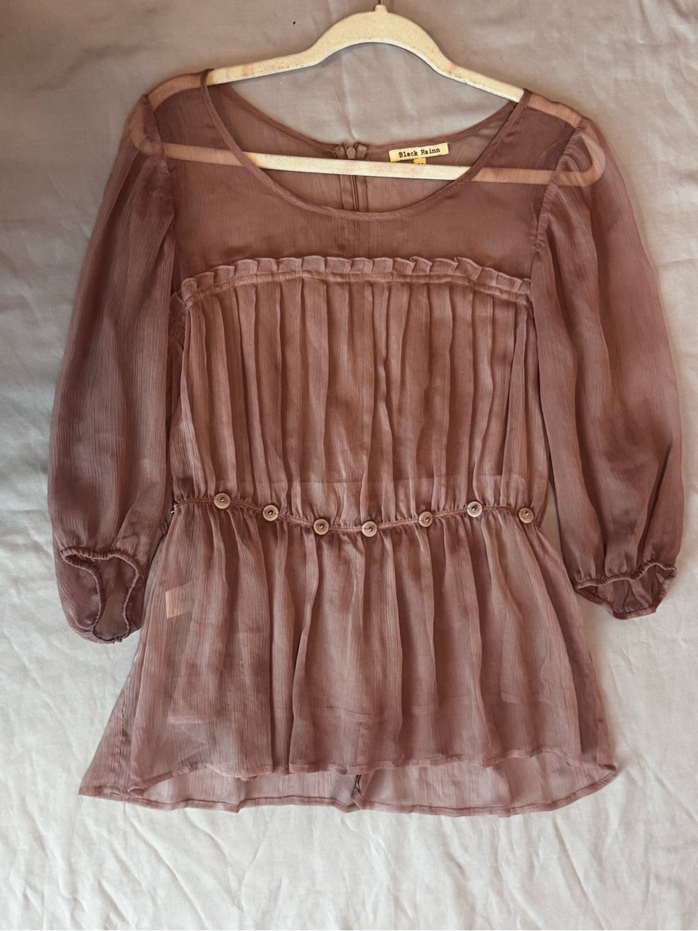 Black Rainn Mauve Sheer Pleated Babydoll Tunic Blouse Size M Romantic